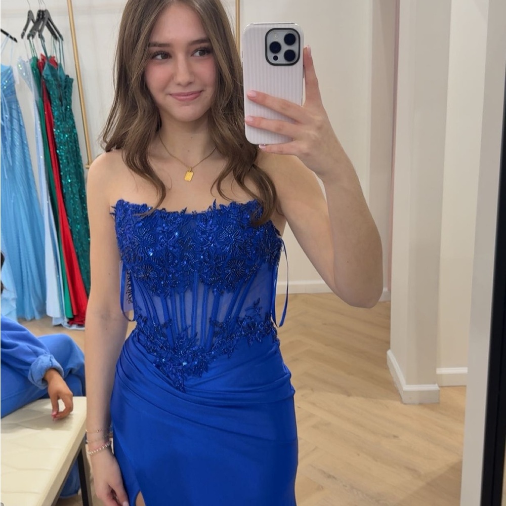 Strapless Royal Blue Beaded Evening Dress
